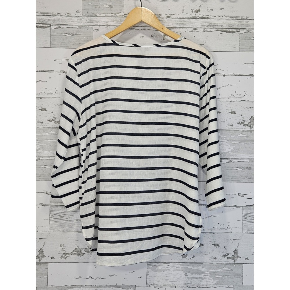 Hester & Orchard Linen Blend Top Striped Blue White Large 3/4 Sleeves - Picture 4 of 9
